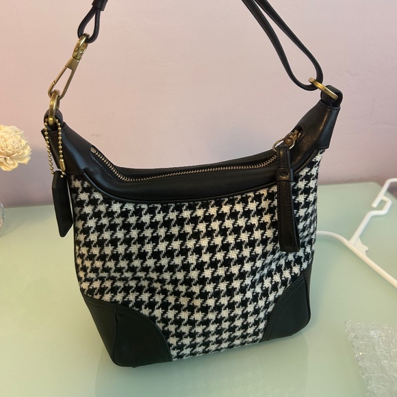 RARE Vintage Coach Houndstooth Tweed Wool & Leather Shoulder Bag - Picture 4 of 7